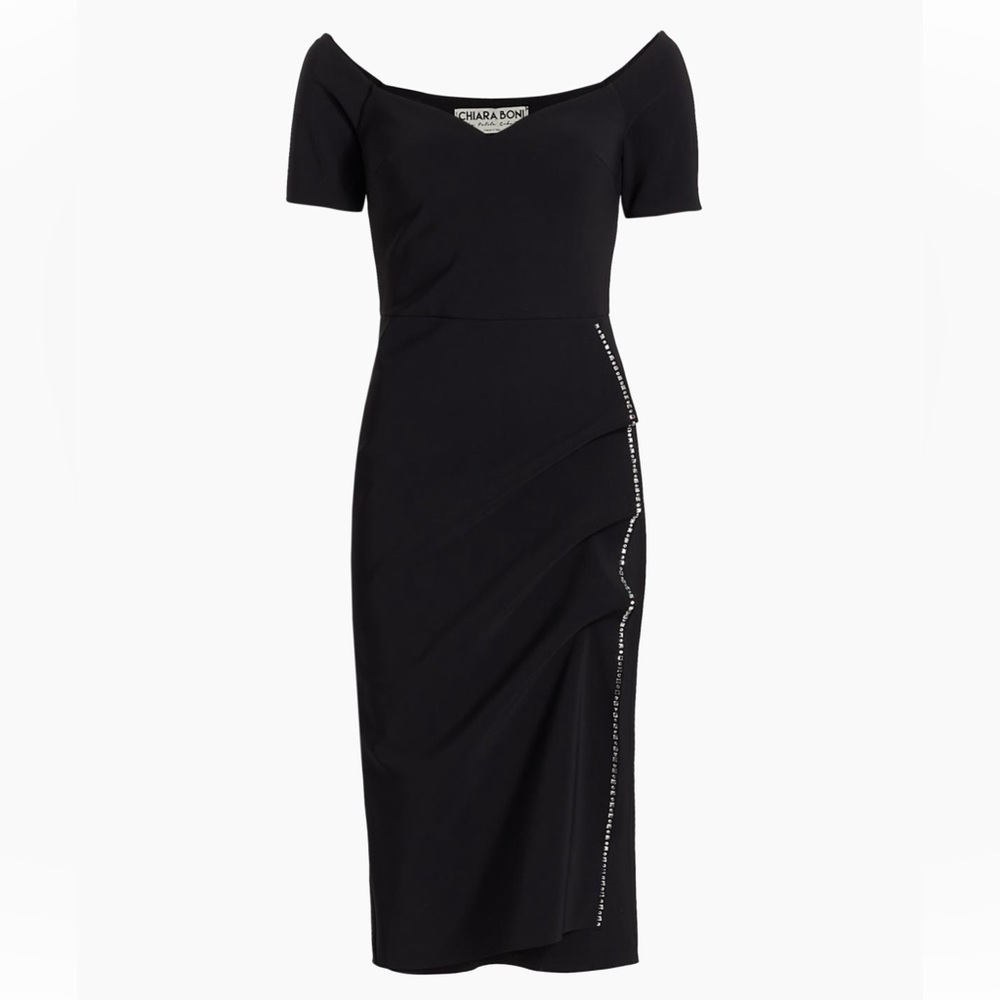 Chiara Boni Black Short-Sleeve Midi Sheath Dress with Side Crystal Trim